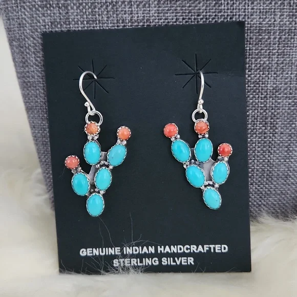 NWT Native American Navajo Turquoise Cactus Dangle Earrings 🩵🌵🧡 - Picture 11 of 12